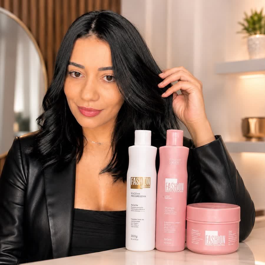 Marci segurando o cabelo ao lado dos produtos Fashion Gold Ybera Paris
